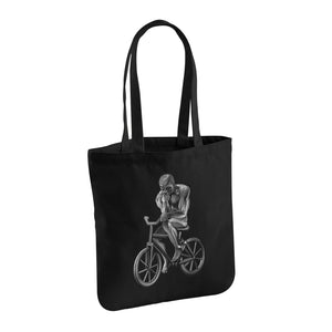 The Thinker Riding Bicycle 100% Organic Cotton Black Tote