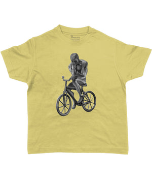 The Thinker Riding His Bicycle Kids Cycling T-shirt Dark Yellow